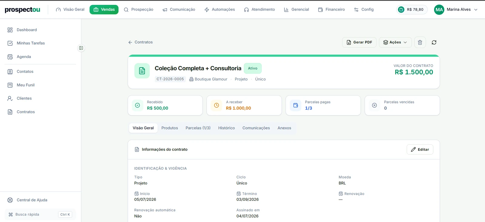 Tela de contratos da Prospectou com parcelas, vigência e índice de reajuste configurados