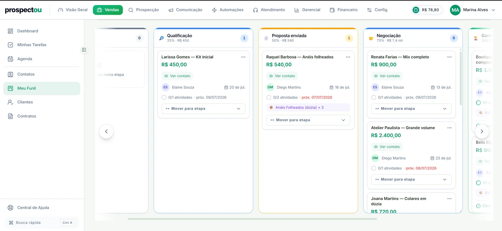 Funil de vendas em Kanban da Prospectou