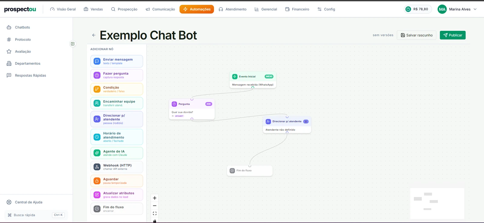 Construtor de chatbot da Prospectou com fluxo de triagem e roteamento por departamento